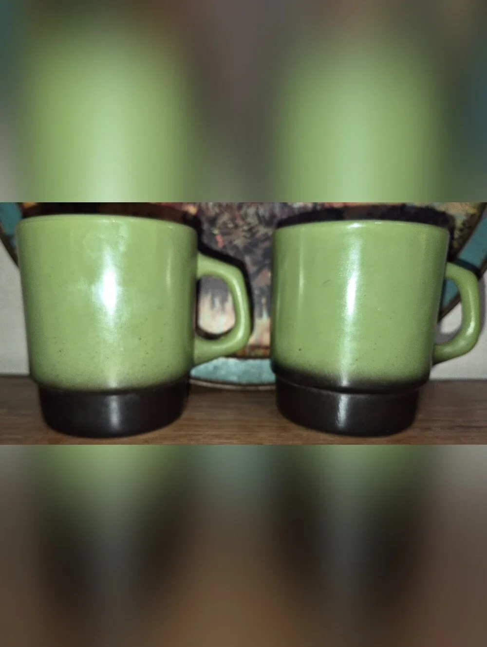 2 Vintage Anchor Hocking Fire-King stacking coffee mugs, avocado green & Black